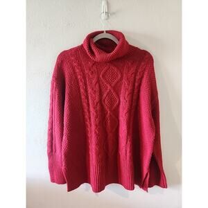 GAP Women’s Turtleneck Cable Knit Sweater Red M Oversized Cotton Wool Blend